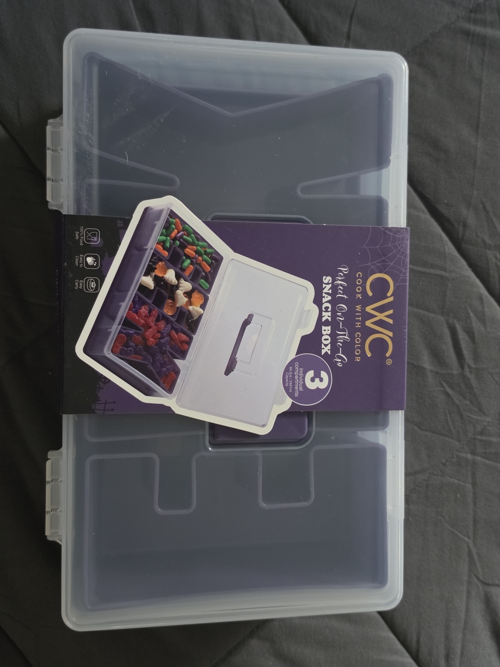 CWC 3-Compartment Halloween Snack Box - Purple/Translucent Says EEK For Hallowee
